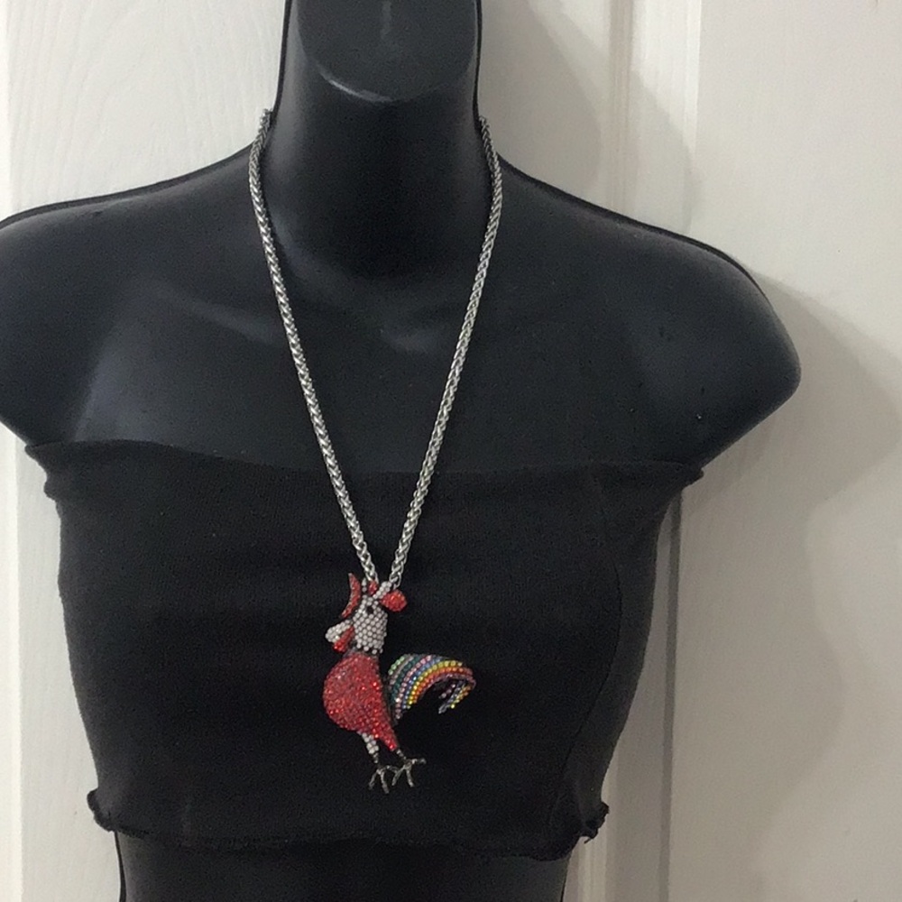 Rooster/Chicken Colorful Pendant/Brooch on 24” Stainless Steel Chain. NWOT.